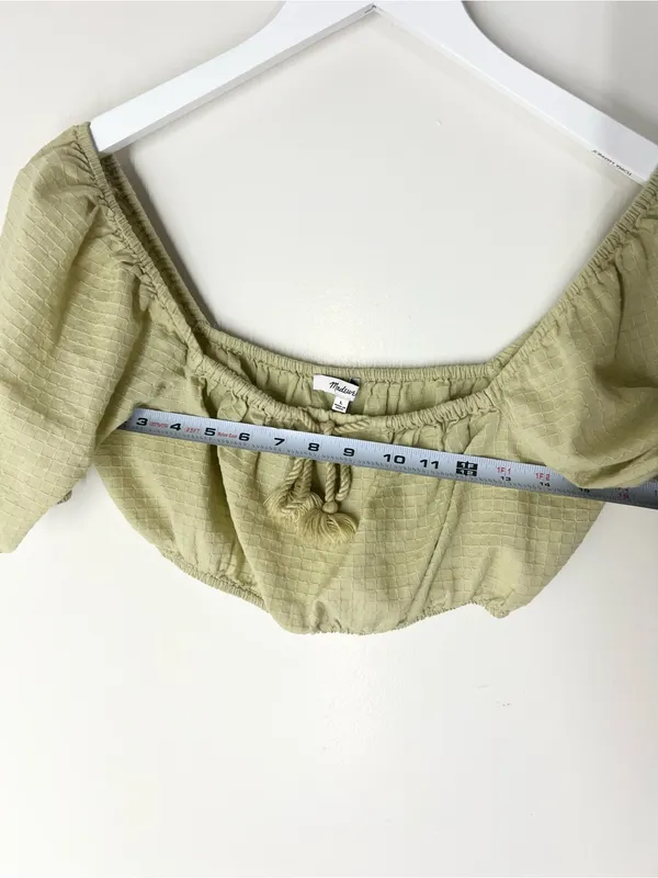 Madewell Olive Green Puff Sleeve Crop Top with Tassel Tie - Image 6