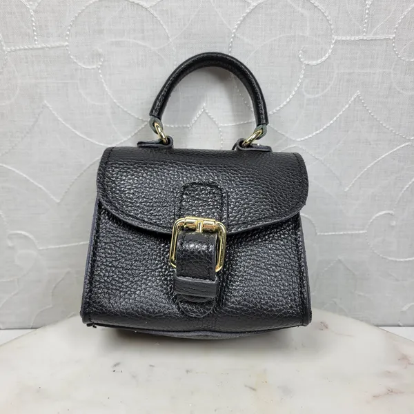 Vintage Italian Mini Black Leather Top Handle Bag Gold Buckle Made in Italy - Image 2