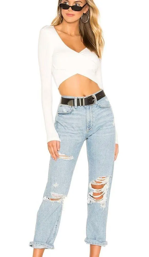 Superdown White Wrap Crop Top XL Cotton Long Sleeve Plunging Matilda Revolve NEW - Image 8