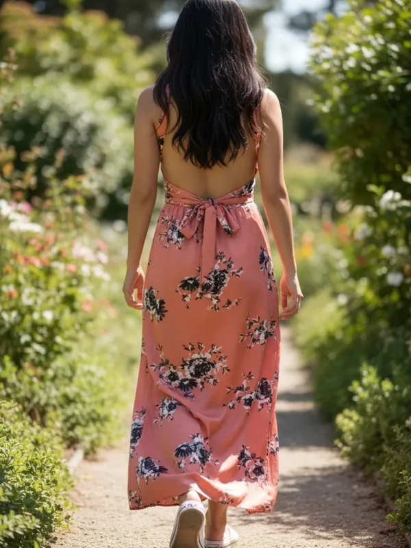 Charlotte Russe Coral Pink Floral Halter Maxi Dress with Navy Accents - Image 3