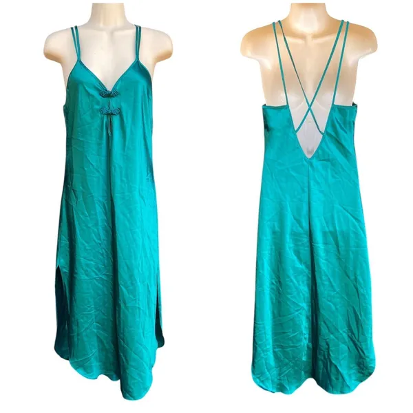 Vtg California Dynasty Emerald Green Satin Maxi Slip Dress Size S Chinese Knot - Image 2
