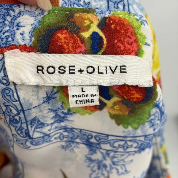 Rose + Olive Fruit Toile Button Shirt Sz L Euro Summer Cottage Resort Peaches - Image 9