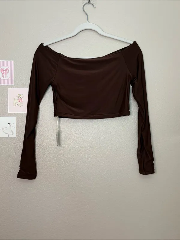 Aerie Smoothie’s Off Shoulder Long Sleeve Crop Top Chocolate Brown large boho - Image 4