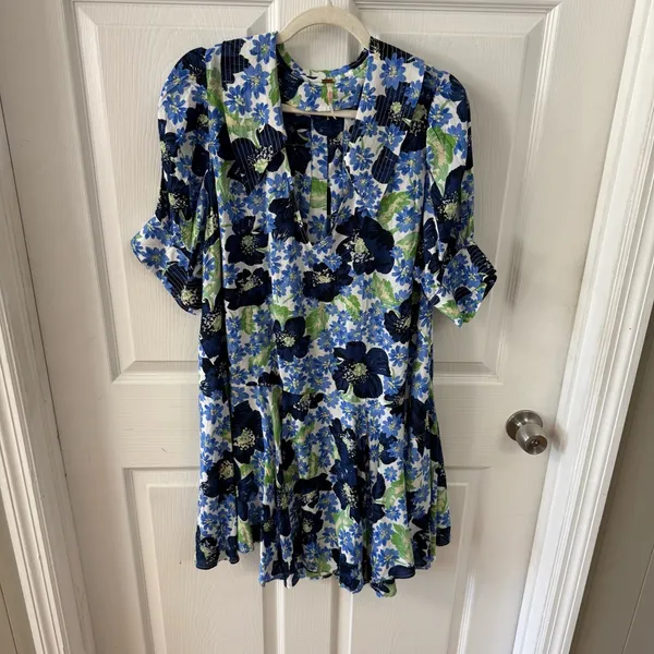 Free People Floral Mini Dress Blue Green Flowy‎ V Neck Size LG Moon Chaser - Image 10