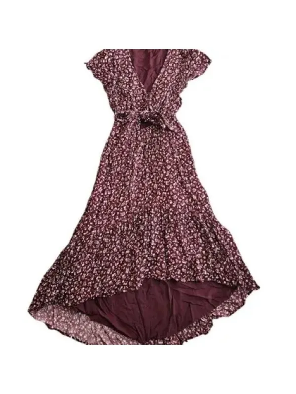 Abercrombie & Fitch Burgundy Floral Ruffle Hem Midi Dress - Image 5