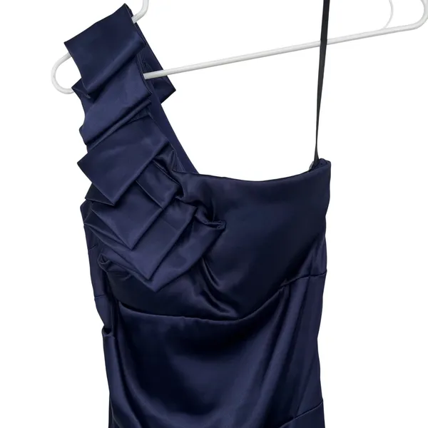 B. Smart Cocktail Dress‎ Women 7/8 Navy Blue Excellent One Shoulder Ruched Satin - Image 2