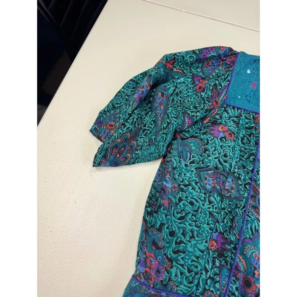 Vintage Phool Paisley Midi‎ Dress Teal Purple Mock Neck Short Sleeve India M - Image 7