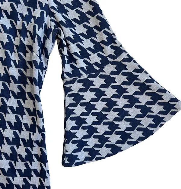 Tyler Boe Ponte Knit Bell Sleeve Blue Houndstooth Check Shift Dress Size S - Image 2