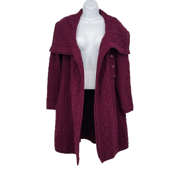 Aran Sweater Knit Merino Wool Burgundy Duster‎ Cardigan Sweater Size S Fisherman - Image 3