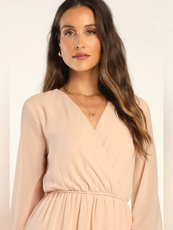 Lulus Wondrous Water Lilies Blush Pink Chiffon Long Sleeve Maxi Dress Size Large - Image 3