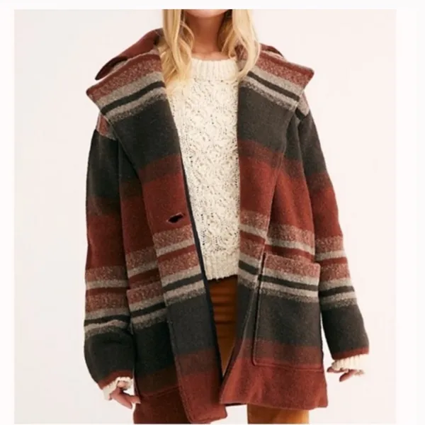 Free People Brown Striped Western Wool Blend Coat Size Small - Image 2