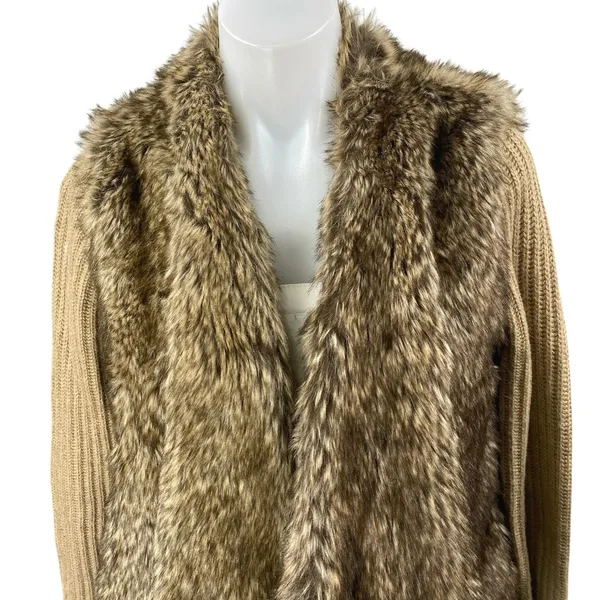 Zara Women's Brown Tan Wool Alpaca Faux Fur Long Sleeve Open Cardigan Sweater M - Image 3