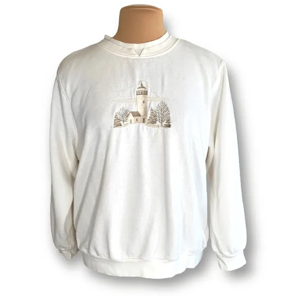 Vintage Cream Embroidered Lighthouse Sweatshirt Large Petite LP Cozy‎ Cottage - Image 11