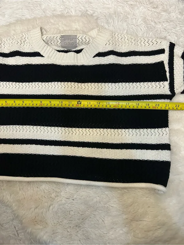 Gypsy Cloud Women's Black and White Striped Crewneck Sweater cropped crotchet L - Image 5