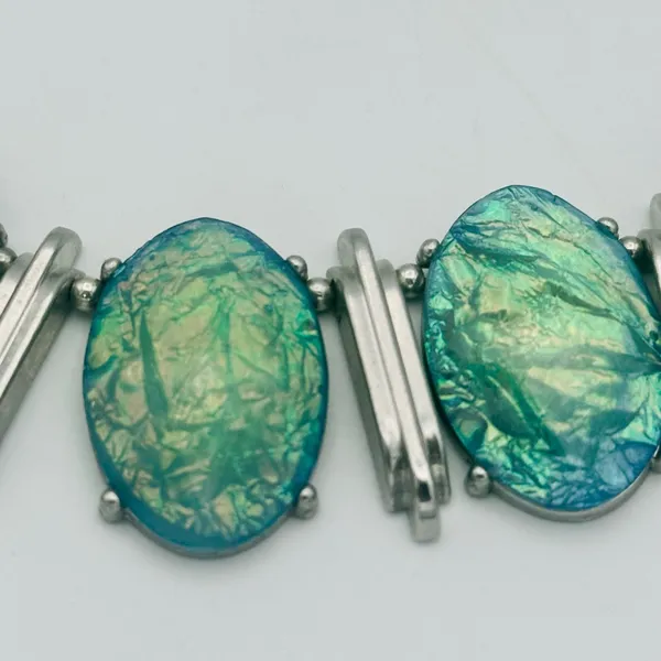 Elegant Statement Silver and Blue Green Iridescent Necklace - Image 10
