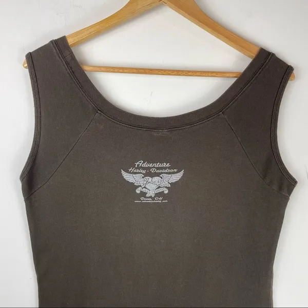 Vtg Y2K Harley Davidson Sleeveless Top Logo Graphic Brown Sz Large - Image 7