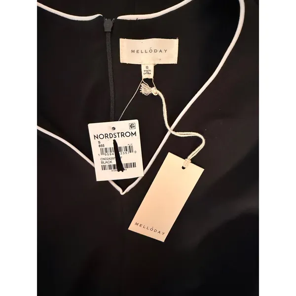 Melloday NWT Black Ruched Asymmetric Midi Dress Contrast Trim VNeck Sleeveless S - Image 6