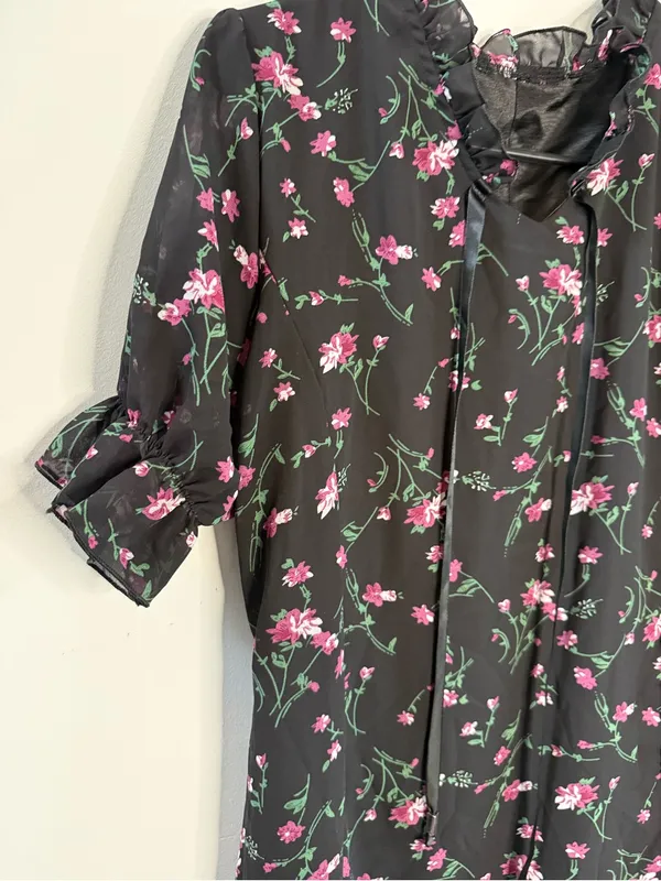 Women’s Black Floral Tie-Neck Dress - Pink Floral - Image 4