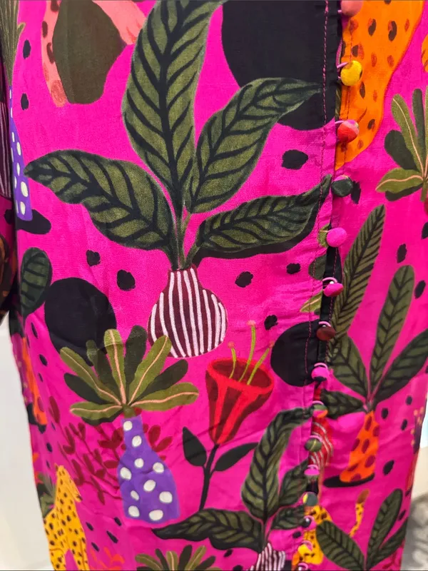 Farm Rio Jungle Print Maxi Dress Womens Pink Leopard Monkey Long Sleeve Sz S - Image 7