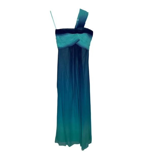 2000s BCBG Max Azria Teal Blue Ombre One-Shoulder Chiffon Evening Gown – Size 0 - Image 2