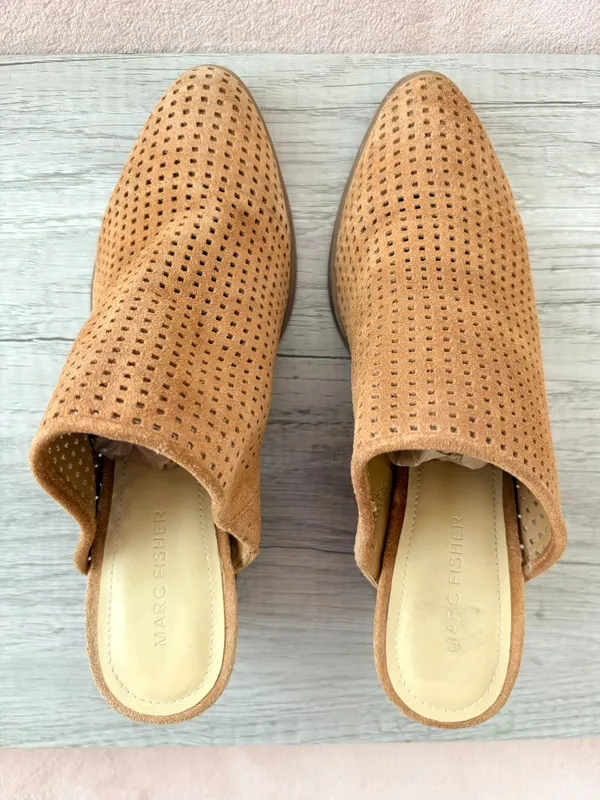 Marc Fisher Ripley Brown Suede Lasercut Perforated Stack 3" Block Heel Mule 8.5 - Image 4