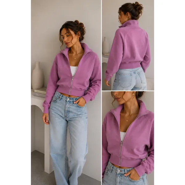 Mauve Cropped Zip Up Jacket Womens M Funnel Neck Sweatshirt Athleisure - Image 8