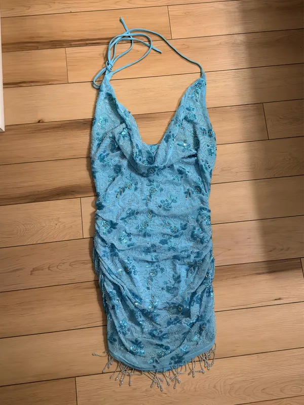 White Fox Barcelona Dreams Mini Beaded Dress Baby Blue - Image 4