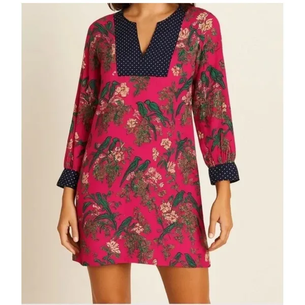 Maeve Anthropologie Pink Bird Floral Polka Dot Dress Long Sleeve 6 boho‎ preppy - Image 2