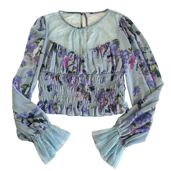 Free People Daphne Silver Blue Combo Lace Floral Print Blouse Size Medium - Image 4