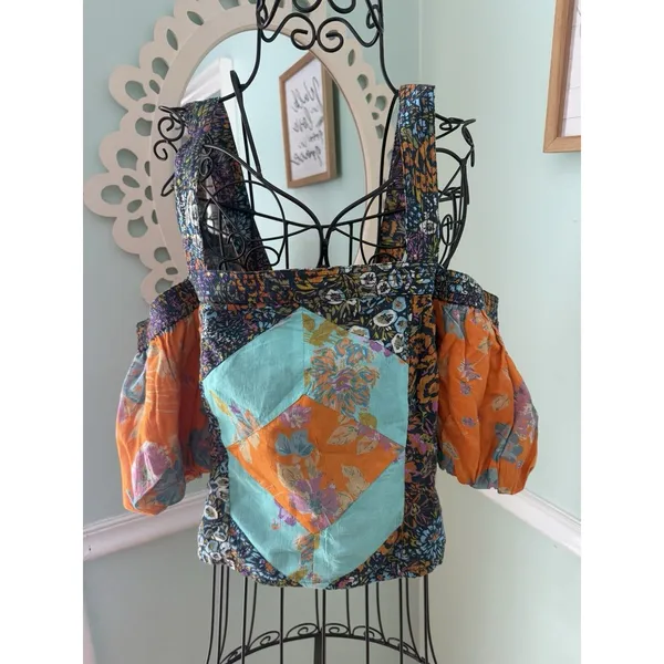 ANTHROPOLOGIE‎ M Love The Label Patchwork Cropped Tank Off Shoulder Top coquette - Image 5