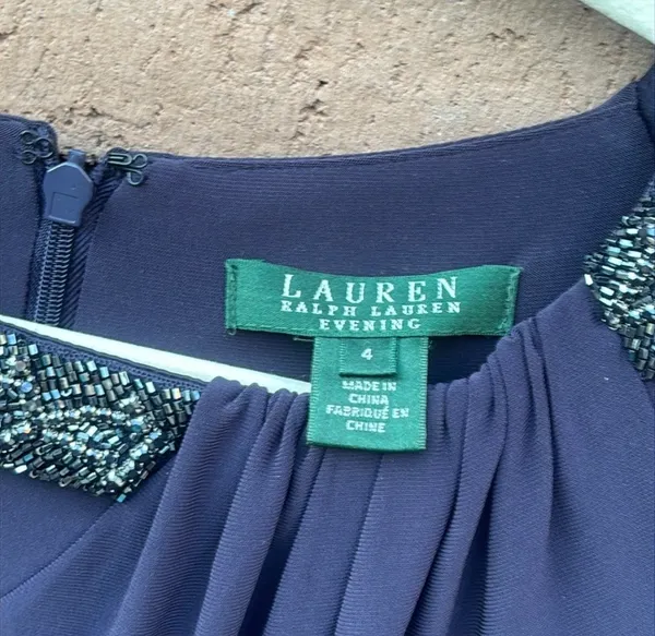 Ralph Lauren Evening Gown Dress Beaded Necklace Long Sleeve Maxi Purple Size 4 - Image 4