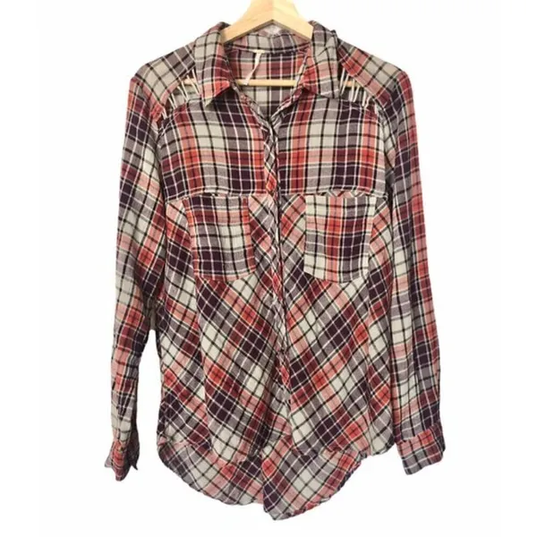 Free People Plaid Lace Gauzy Flannel Snap Button S‎ - Image 3