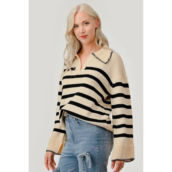 Unbranded Women’s Collared Polo Sweater Cream & Navy Stripe 2XL Nautical Boho - Image 3
