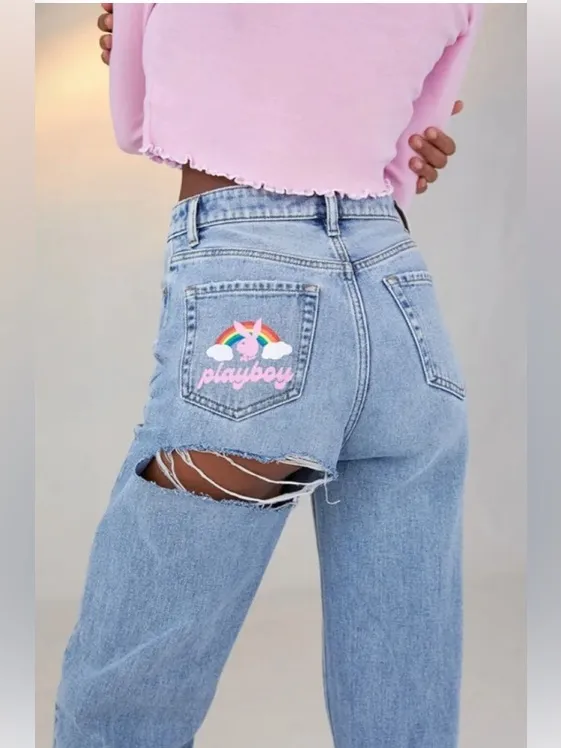 PacSun Playboy high waist straight leg back slash rainbow pocket casual jeans 25 - Image 2