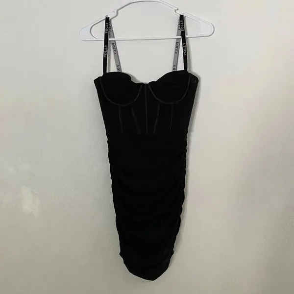 Oh Polly Black Ruched Corset Mini Dress US 2 Bodycon Bustier Party - Image 2