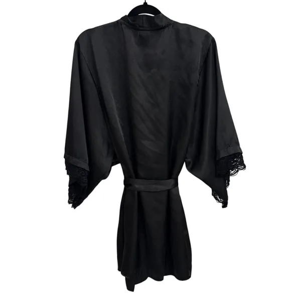 In Bloom by Jonquil Black Satin Tie Front Lace Trim Robe Size Women's Medium - Image 3