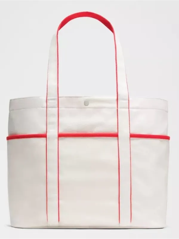 Lululemon NWT Daily Multi Pocket Canvas Tote Bag 20L Cream Red Trim - Image 4