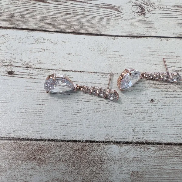 Dangle Earrings For Pierced Ears - Rose Gold Tone & Clear Gems - Image 3