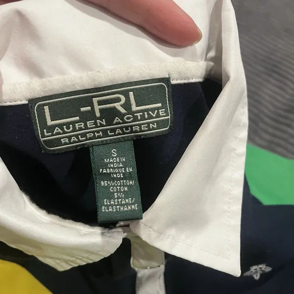 Lauren Ralph Lauren Polo Shirt Womens Small Colorblock Navy Green Yellow Active - Image 10