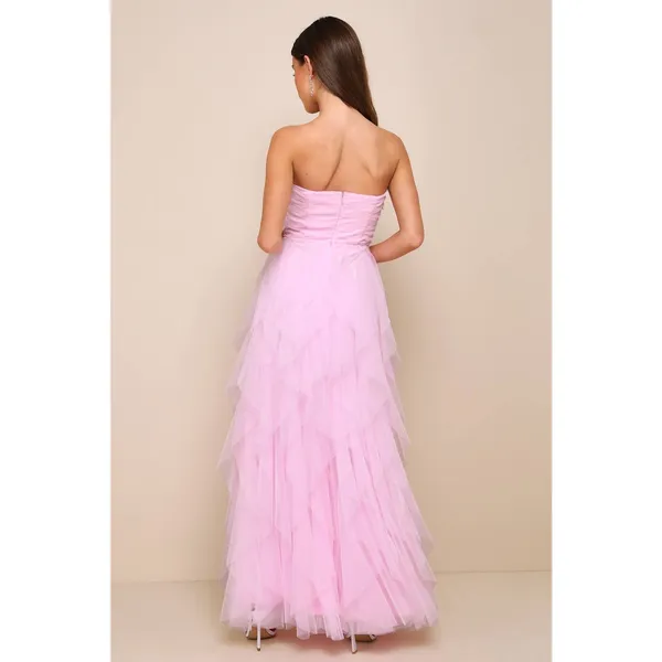 Lulus Delightful Beauty Pink Mesh Strapless Ruched Ruffled Maxi Dress Small NWT - Image 4