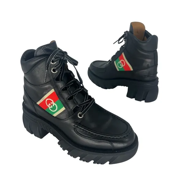 Gucci Romance‎ Web Stripe Lug Sole Leather Lace-Up Ankle Boot Black 38 - Image 2