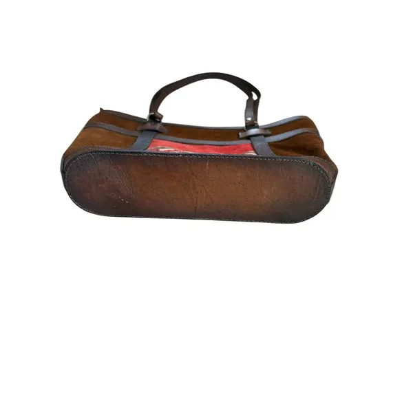 Leather Suede Tote Bag Bolivia Made Woven Boho Chic Aztec Red Brown - Image 4