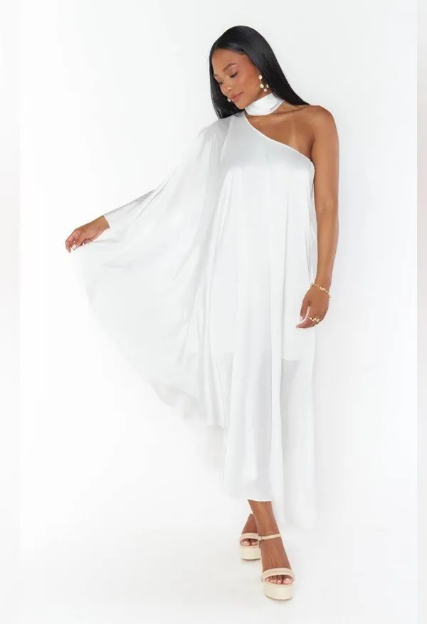 SHOW ME YOUR MUMU Rhea One Shoulder Dress In Ivory Luxe Satin - Image 5