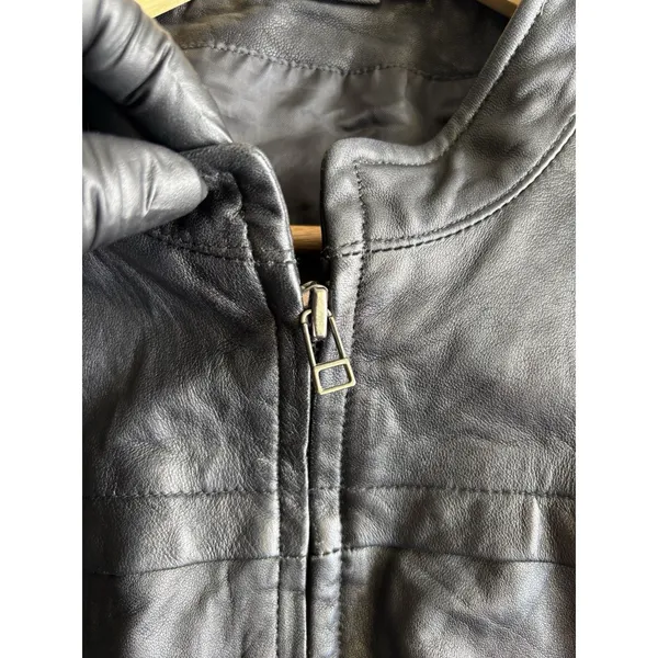 ⁠a.n.a Womens Black Genuine Leather Bomber Jacket Band Collar Medium Zip Y2K - Image 9