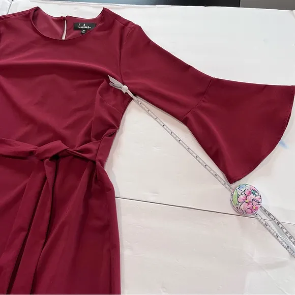 Lulus Last Love Song Burgundy Tie Waist 3/4 Bell‎ Sleeve Dress MEDIUM - Image 9