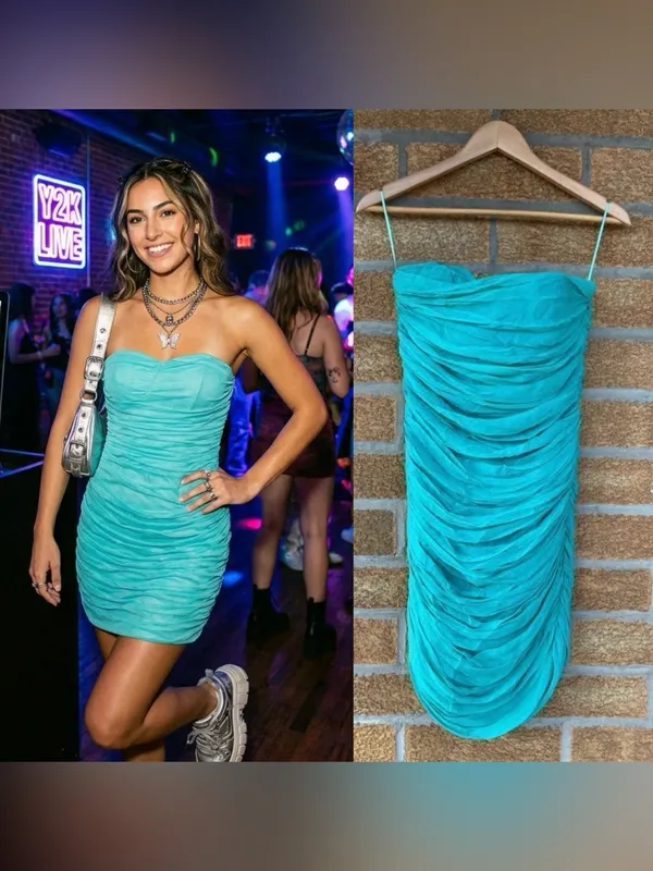 Marley Teal Chiffon Ruched Mini Dress S Strapless Turquoise Party Y2K - Image 2