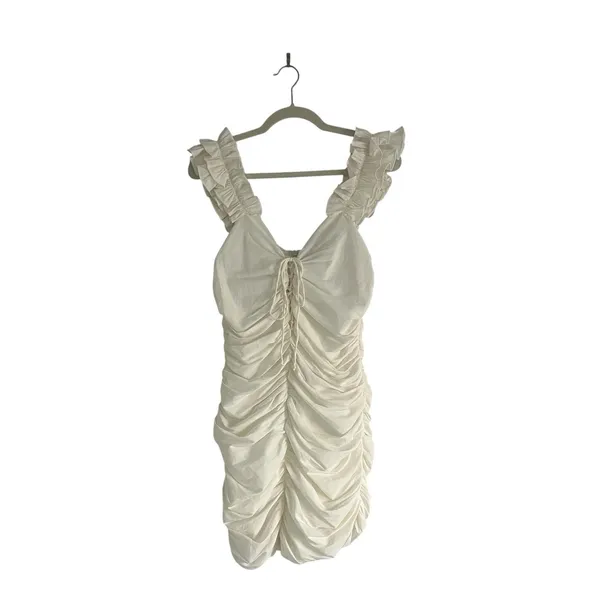 Zara Ruffle Strap Ruched Linen Blend Dress Off White Cream Medium Coastal - Image 2