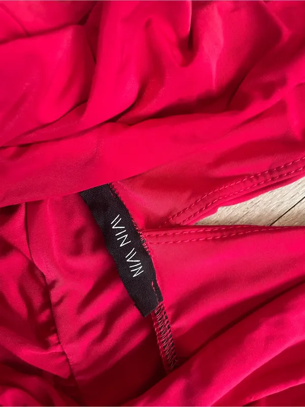 Red Long one Sleeve Ruched V-Neck Maxi Dress - Image 3