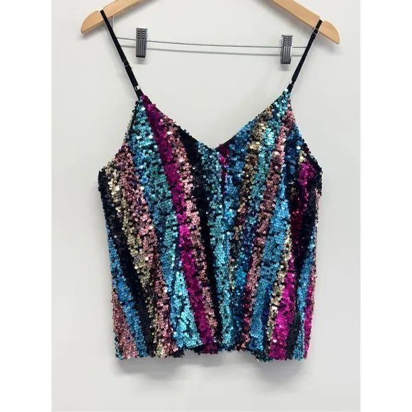 Francesca’s Sequin‎ Cami Top Multicolor Medium V Neck NEW Blue - Image 5