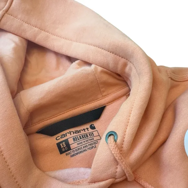 Carhartt Rose Clay Logo Sleeve Hoodie XS Relaxed Fit Pullover Sweatshirt Top EUC - Image 6